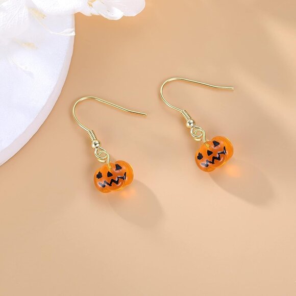 Solid 925 Sterling Silver Halloween Pumpkin Drop Earrings for Women Teens Tiny P - Picture 6 of 7